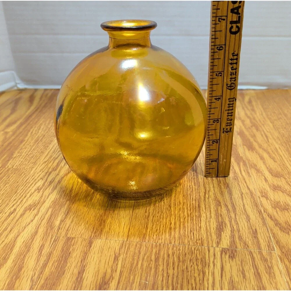 Vintage Amber Glass Orb Vase Round Globe Ball Mid Century Modern MCM 6.5 Inch